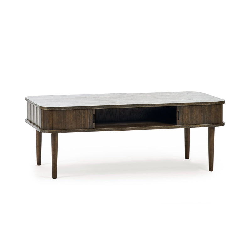 Wooden coffee table with a white marble top on a white background