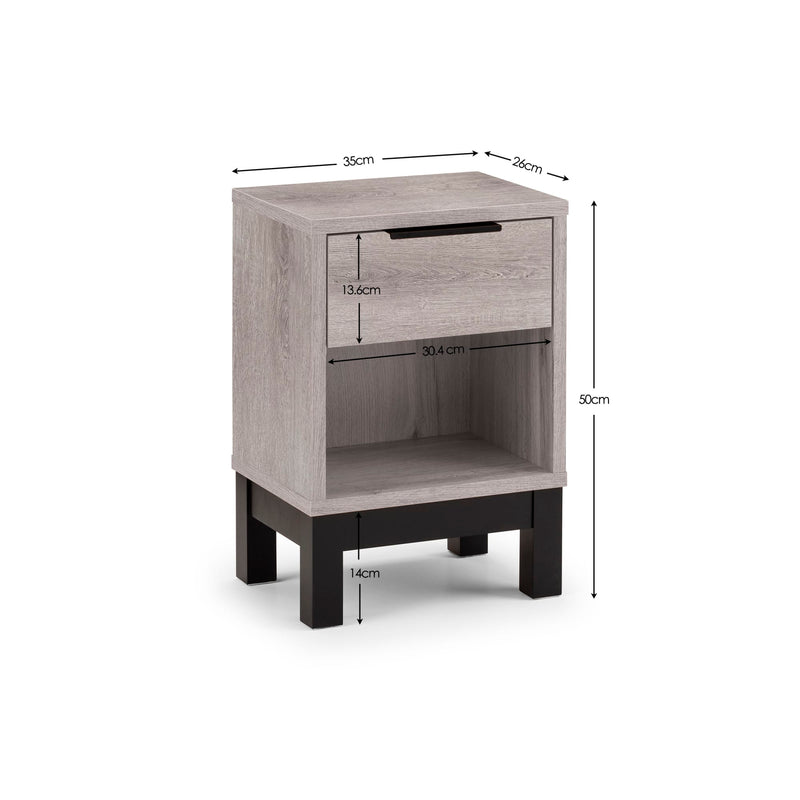 Gray wooden nightstand with dimensions on a white background
