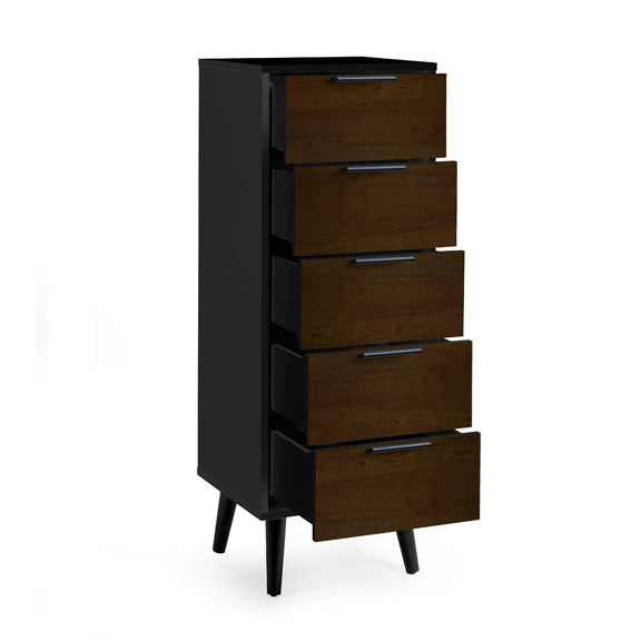 Dark wood dresser with five drawers on a white background
