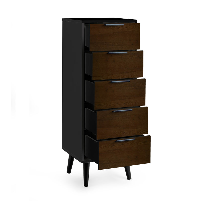 Dark wood dresser with five drawers on a white background