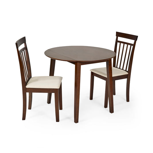 Round wooden table with four chairs on a white background