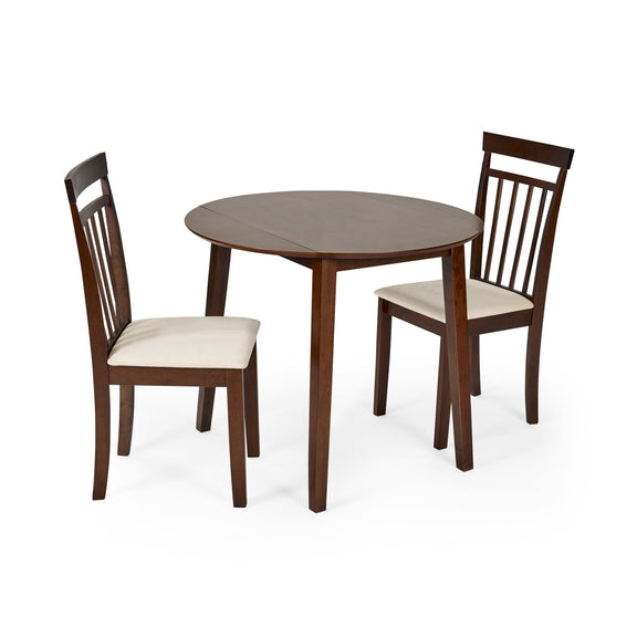 Round wooden table with four chairs on a white background