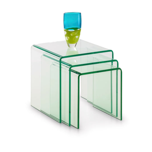 Set of clear glass nesting tables with a colorful glass vase on top