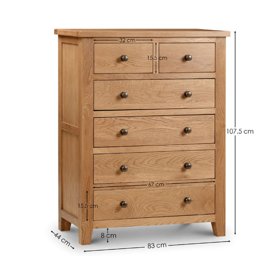 Wooden chest of drawers with dimensions on a white background