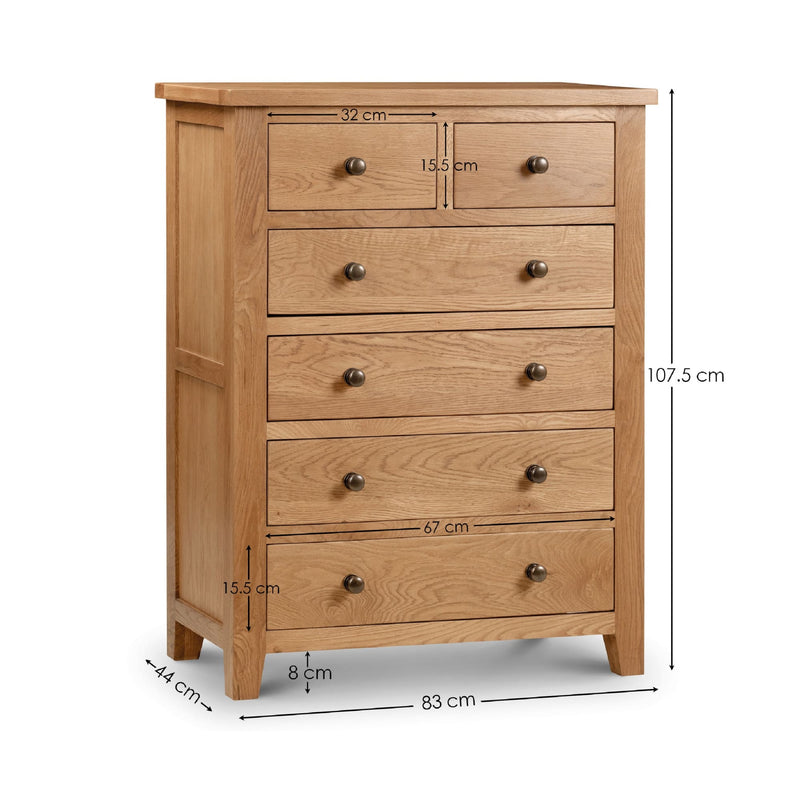 Wooden chest of drawers with dimensions on a white background