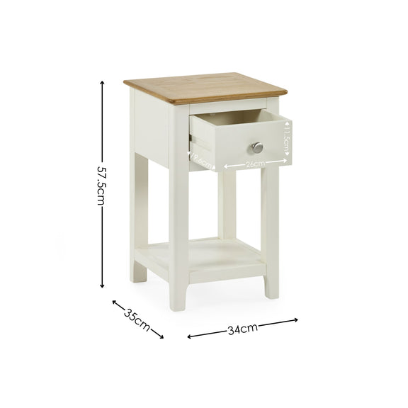 White side table with a wooden top and dimensions on a white background