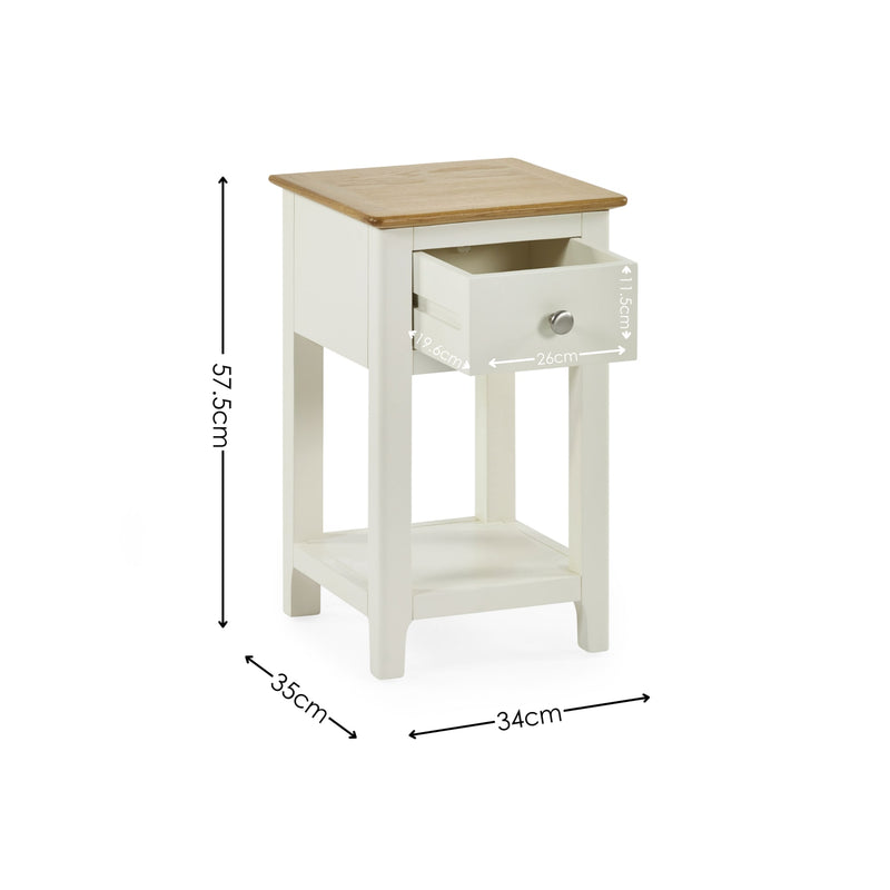 White side table with a wooden top and dimensions on a white background