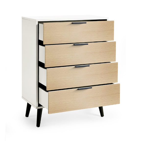 Modern dresser with four drawers in a light wood finish on a white background