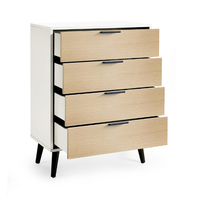 Modern dresser with four drawers in a light wood finish on a white background