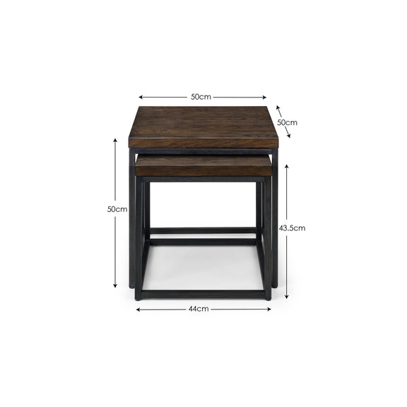 Dimensions of a set of two wooden side tables on a white background