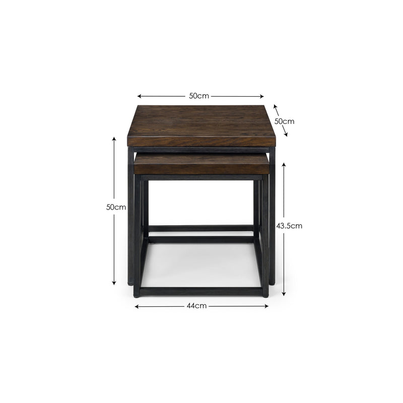 Dimensions of a set of two wooden side tables on a white background