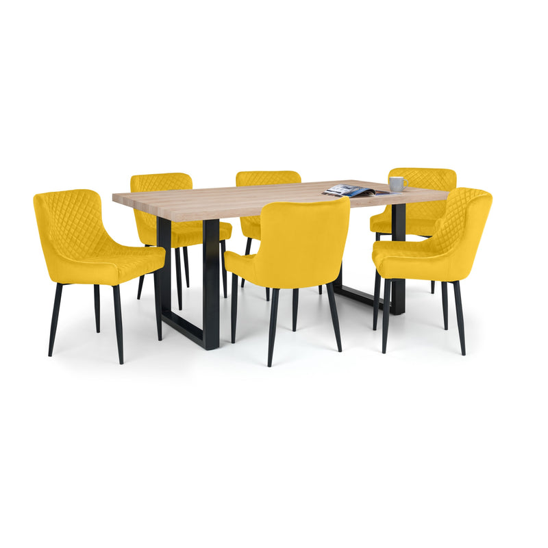 Dining table set with six yellow chairs on a white background