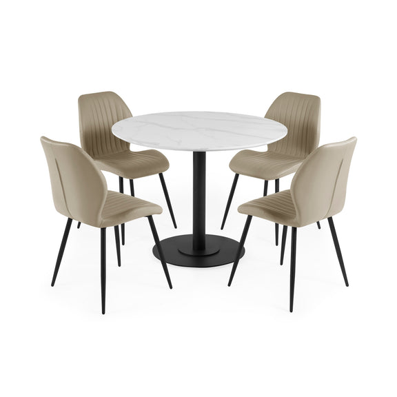 Round dining table with four beige chairs on a white background