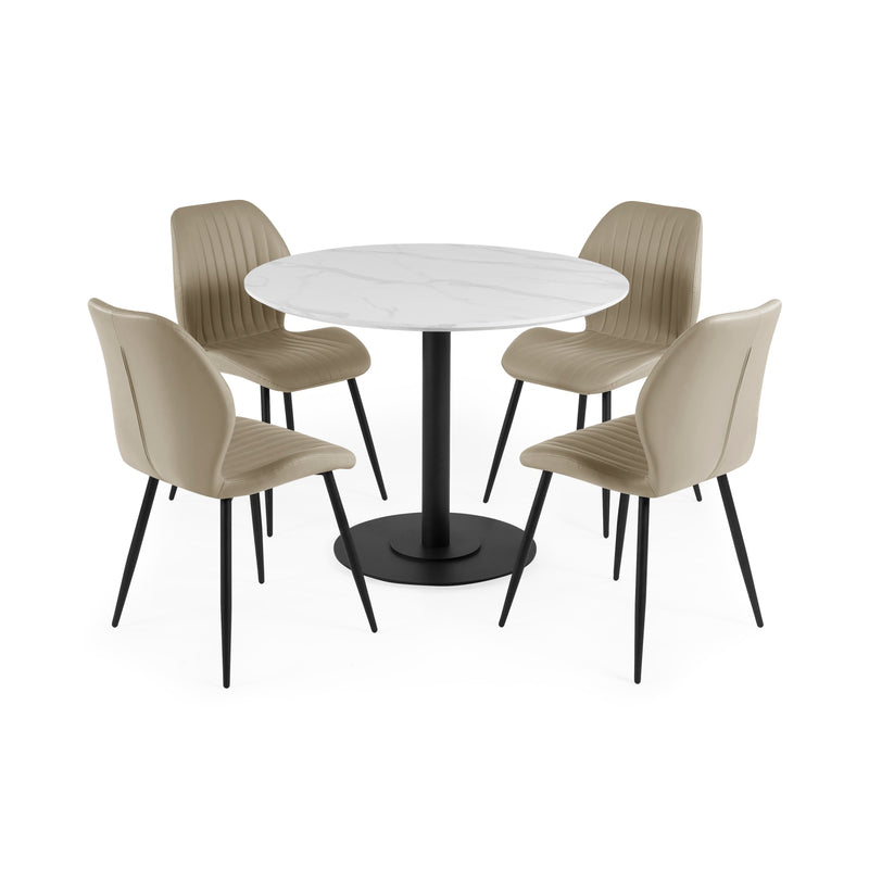 Round dining table with four beige chairs on a white background