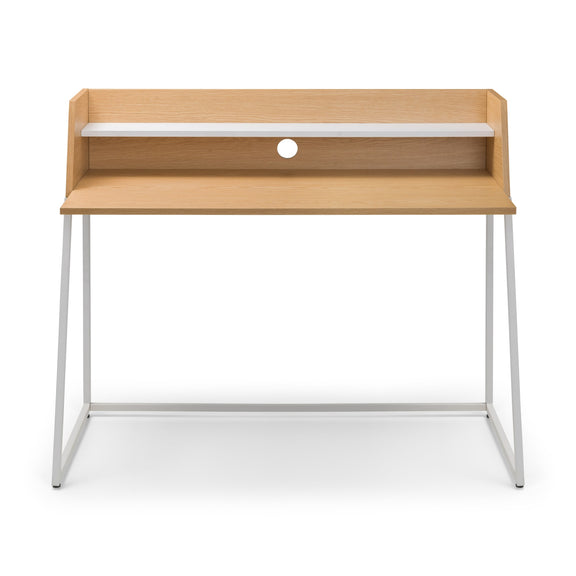 Wooden desk with white top on a white background