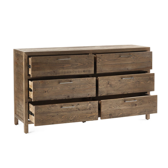 Wooden dresser with six drawers on a white background