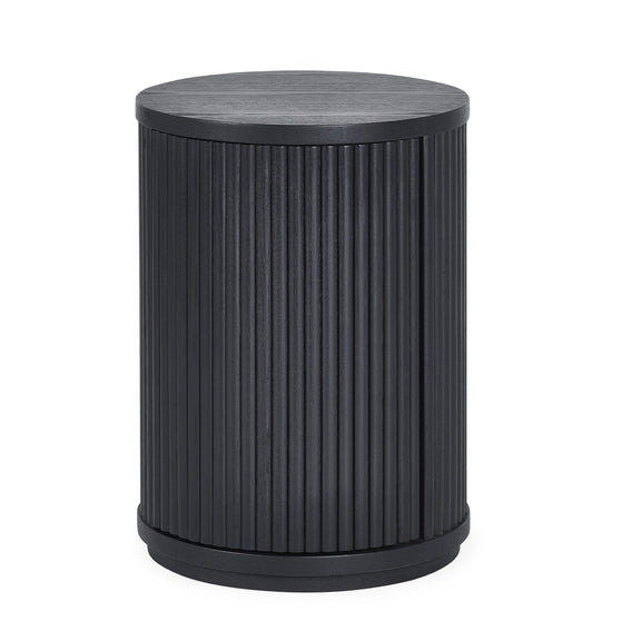 Black cylindrical side table on a white background