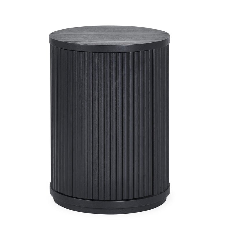 Black cylindrical side table on a white background