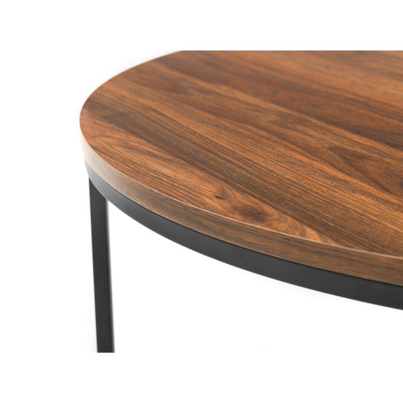 Round wooden table with a black metal leg on a white background
