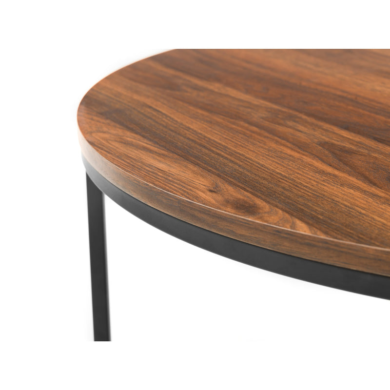 Round wooden table with a black metal leg on a white background