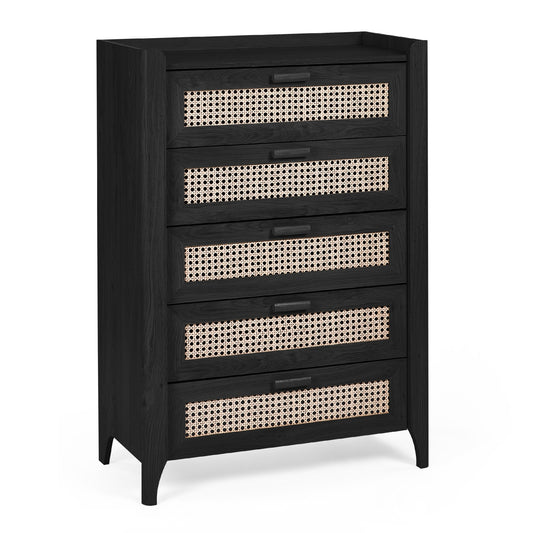 Black dresser with wicker-like drawer fronts on a white background