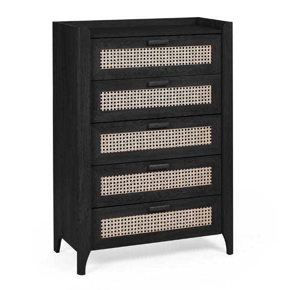 Black dresser with wicker-like drawer fronts on a white background