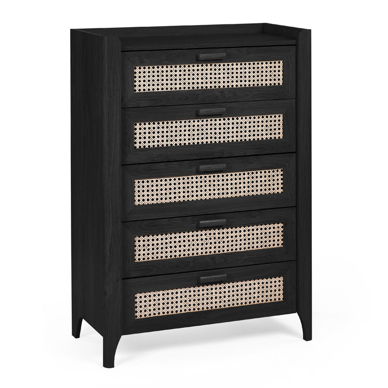 Black dresser with wicker-like drawer fronts on a white background