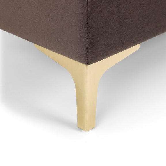 Close-up of a brown upholstered chair with beige wooden legs on a white background