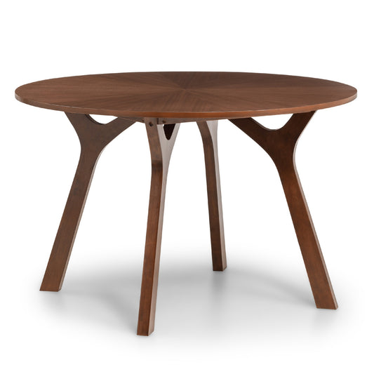 Wooden round table with unique leg design on a white background