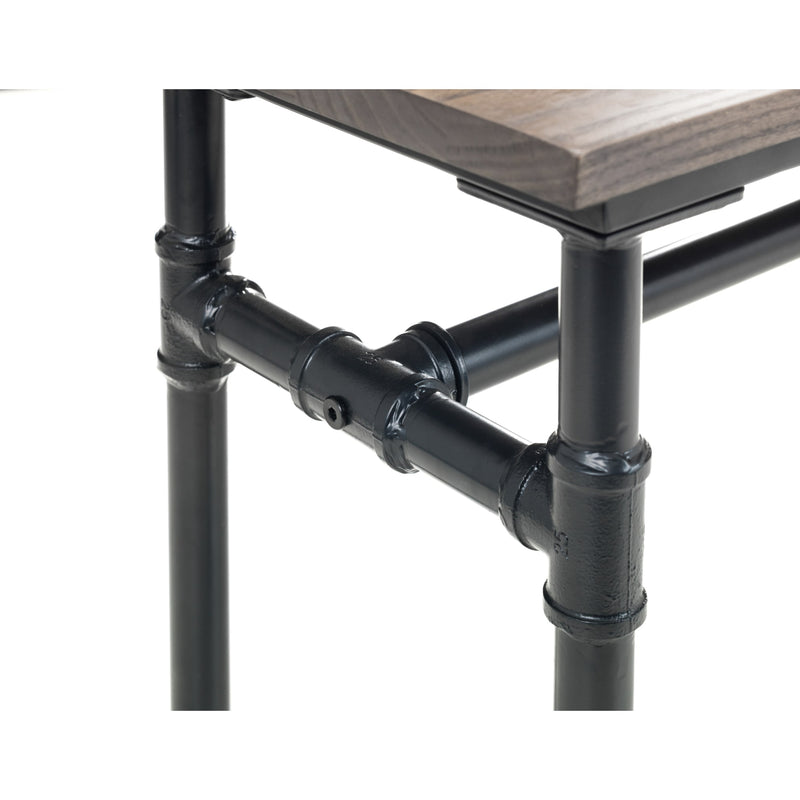 Wooden table with black metal pipe frame on a white background