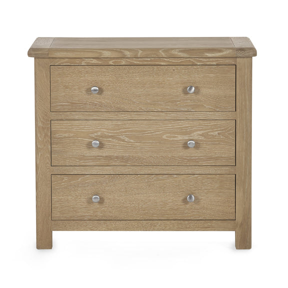 Wooden dresser with three drawers on a white background