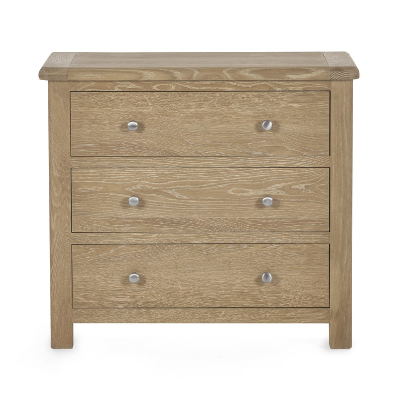 Wooden dresser with three drawers on a white background