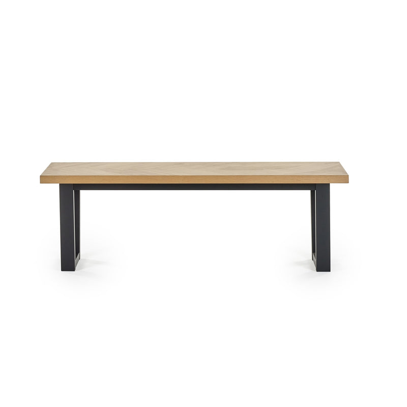 Wooden table with black legs on a white background