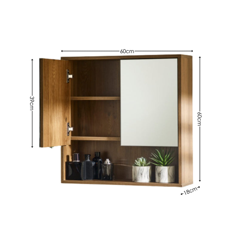 Wooden cabinet with mirror and measurements on a white background