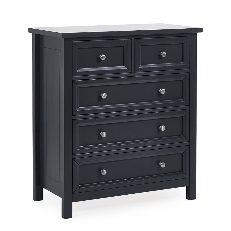 Black dresser with six drawers on a white background