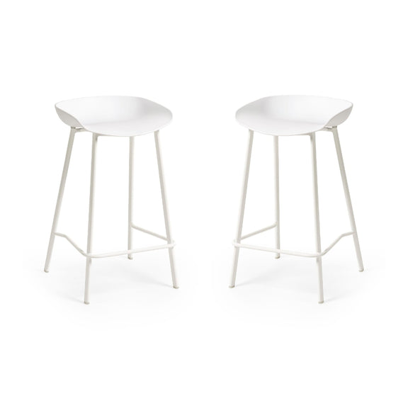Two white bar stools on a white background
