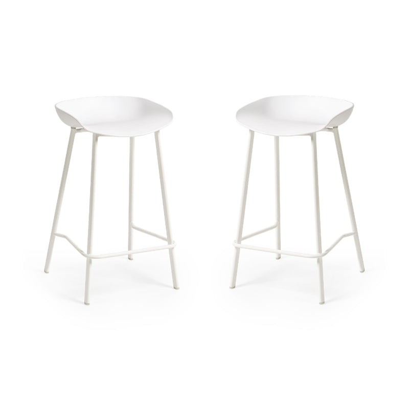 Two white bar stools on a white background