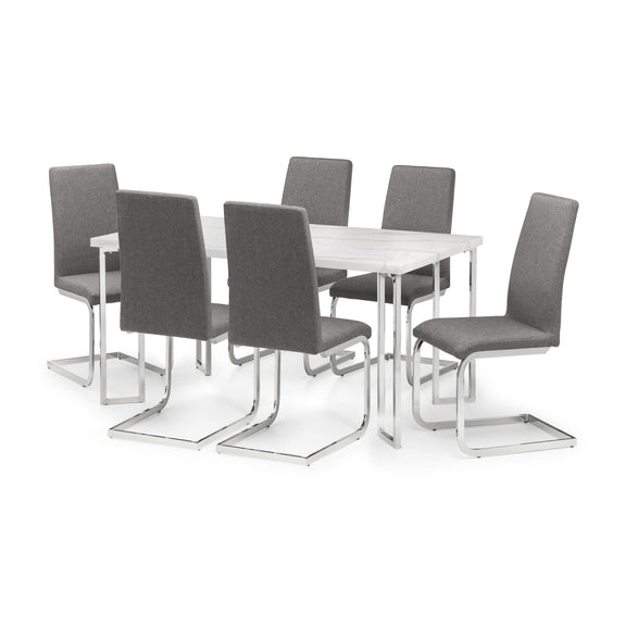 Dining table set with six gray chairs on a white background