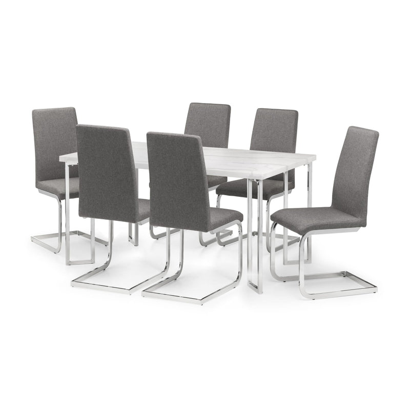 Dining table set with six gray chairs on a white background