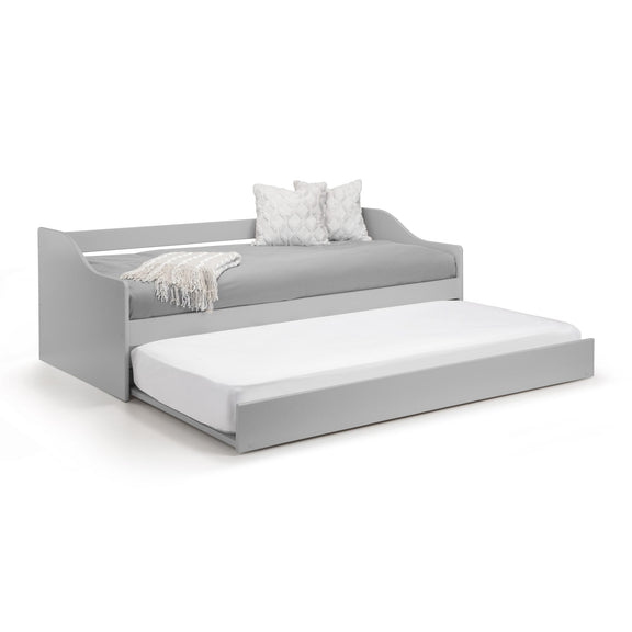 Gray daybed with white mattress and pillows on a white background