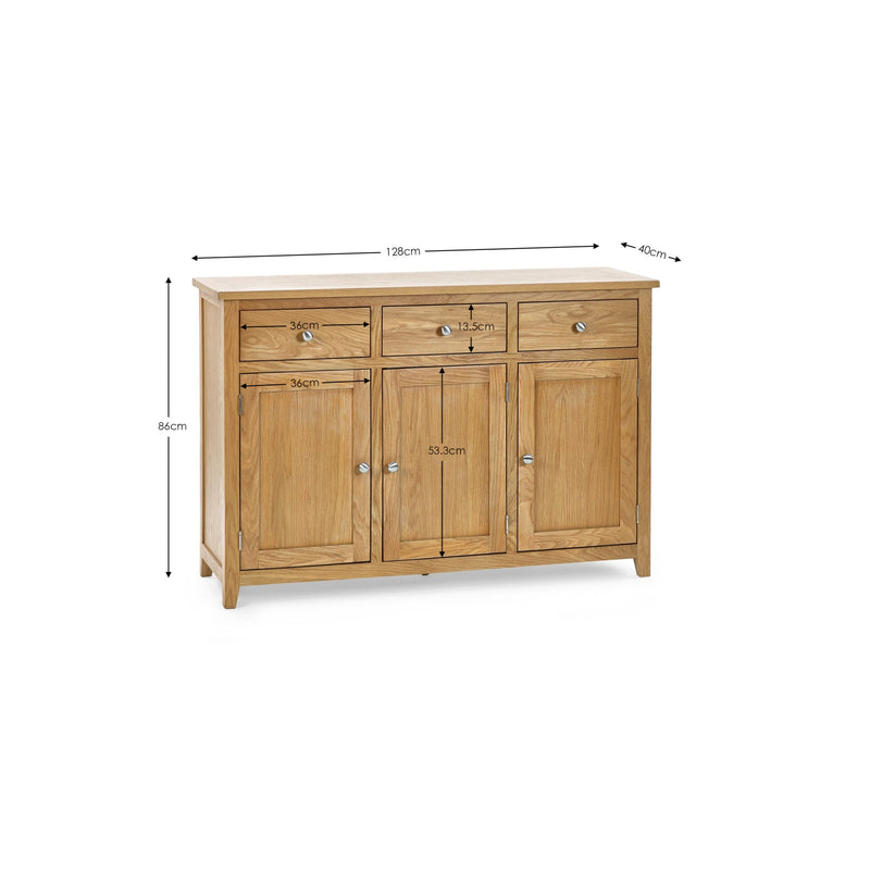 Wooden sideboard with dimensions on a white background