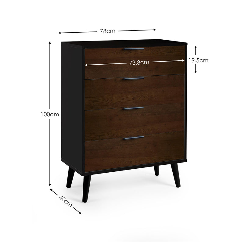Wooden dresser with dimensions labeled on a white background