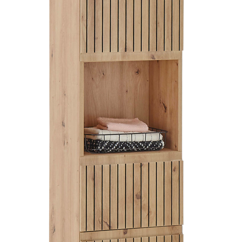 Wooden cabinet with slatted doors on a white background
