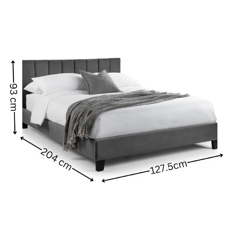 Gray upholstered bed with dimensions labeled on a white background