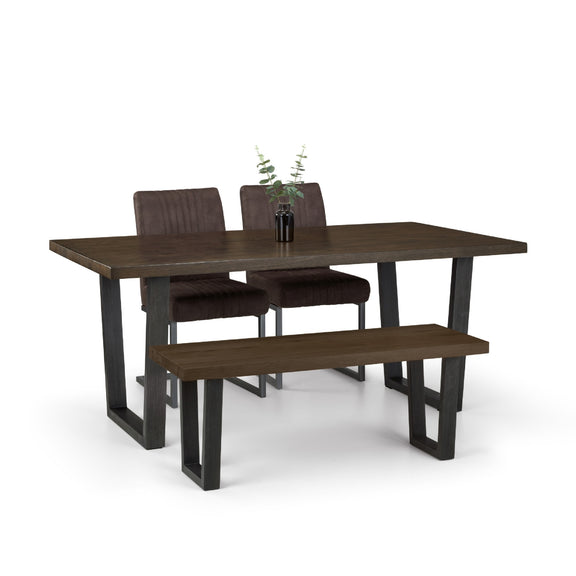 Dining table set with chairs and a bench on a white background