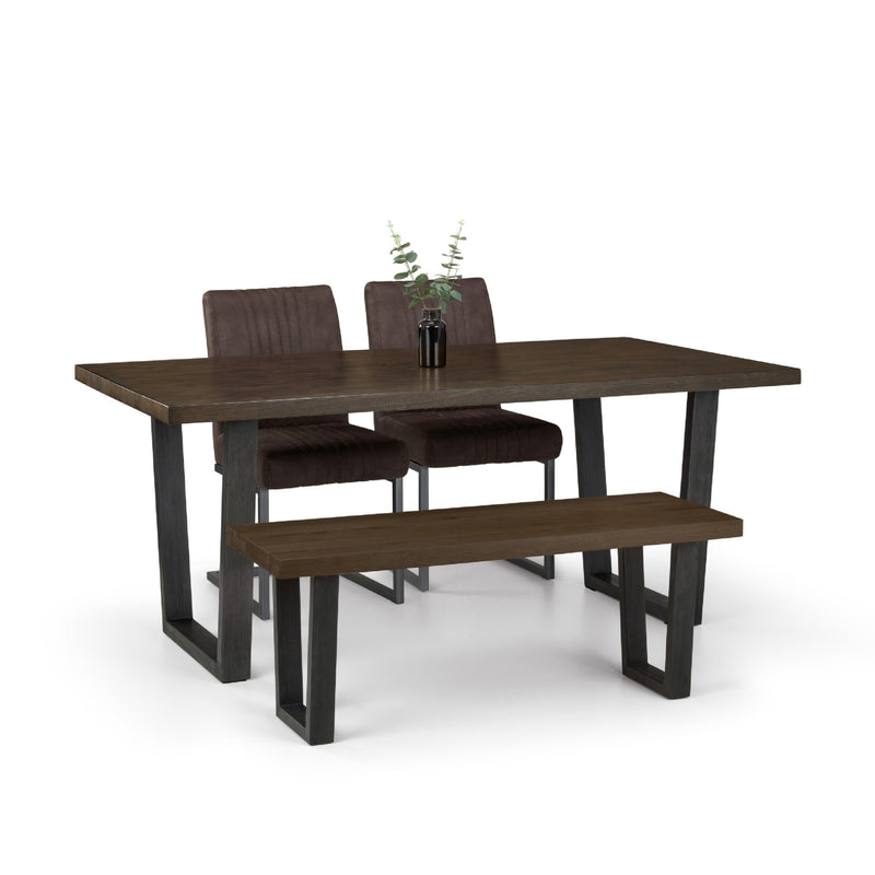 Dining table set with chairs and a bench on a white background