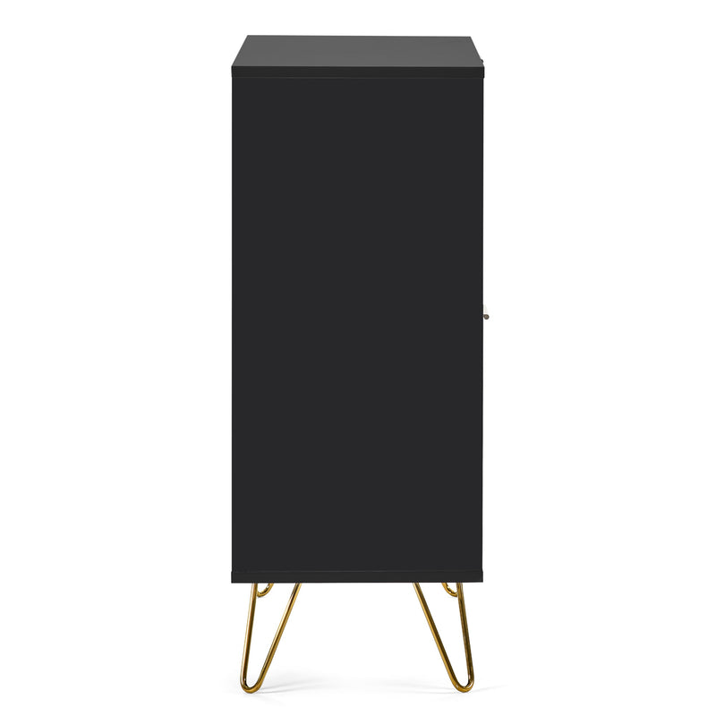 Black cabinet with gold legs on a white background