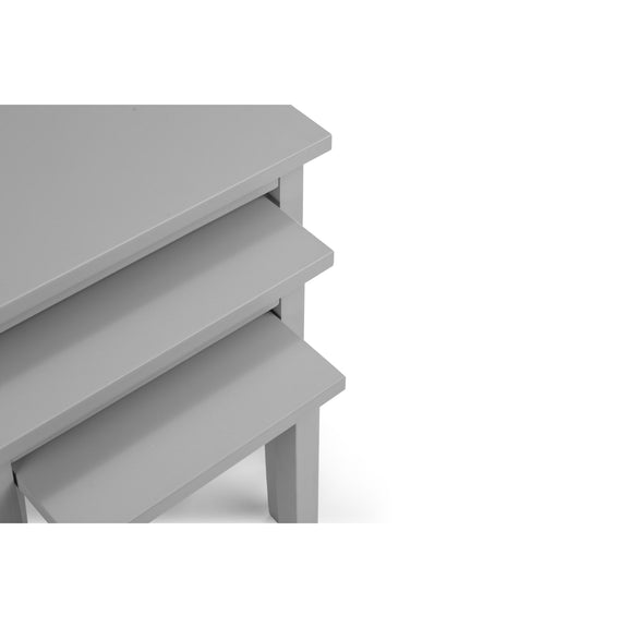 Gray side table with a minimalist design on a white background