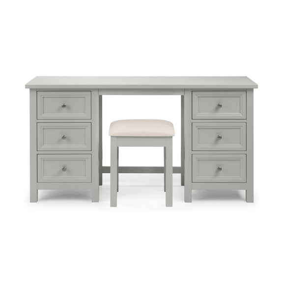 Gray desk with three drawers and a matching stool on a white background
