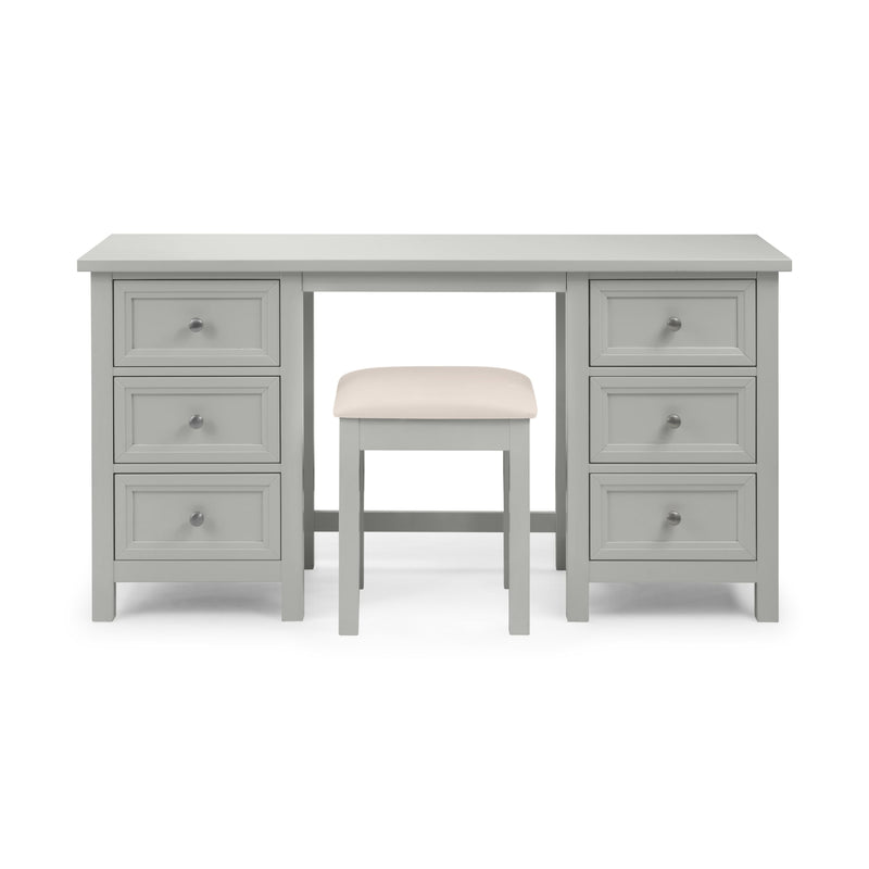 Gray desk with three drawers and a matching stool on a white background